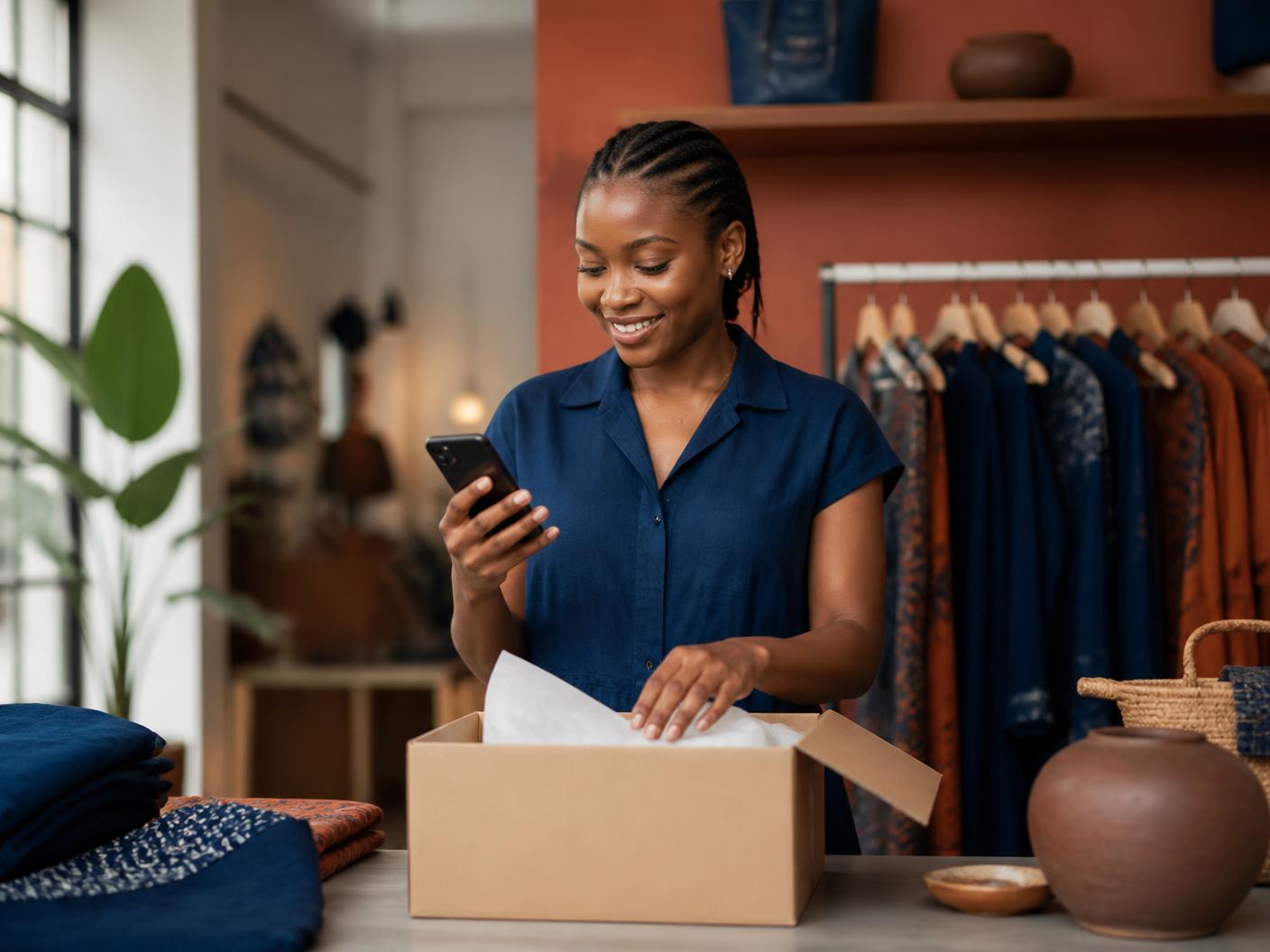 A merchant packing an online order while checking her Kasuvia dashboard on a phone